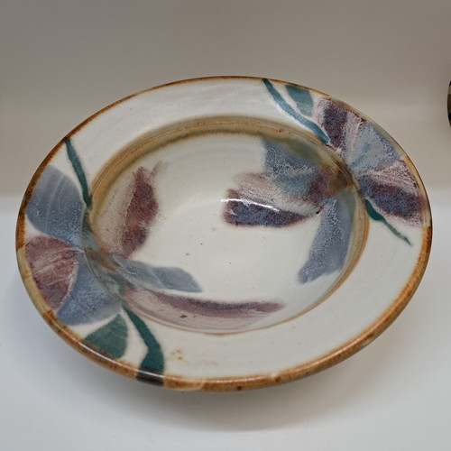 #260210 Serving Bowl  Sand with Blue Flowers $22 at Hunter Wolff Gallery